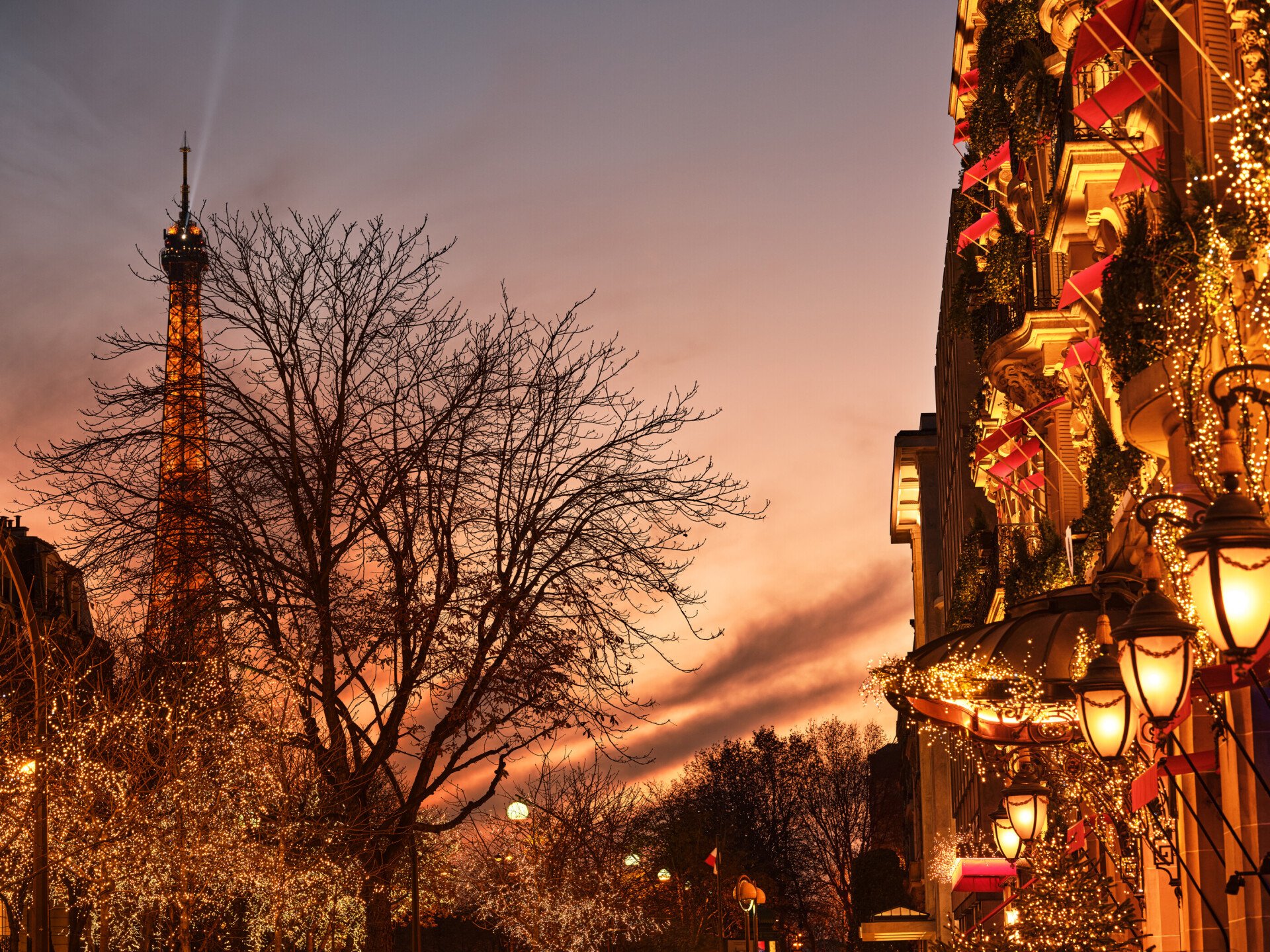 Picture of the facade during Christmas with the Eiffel Tower.