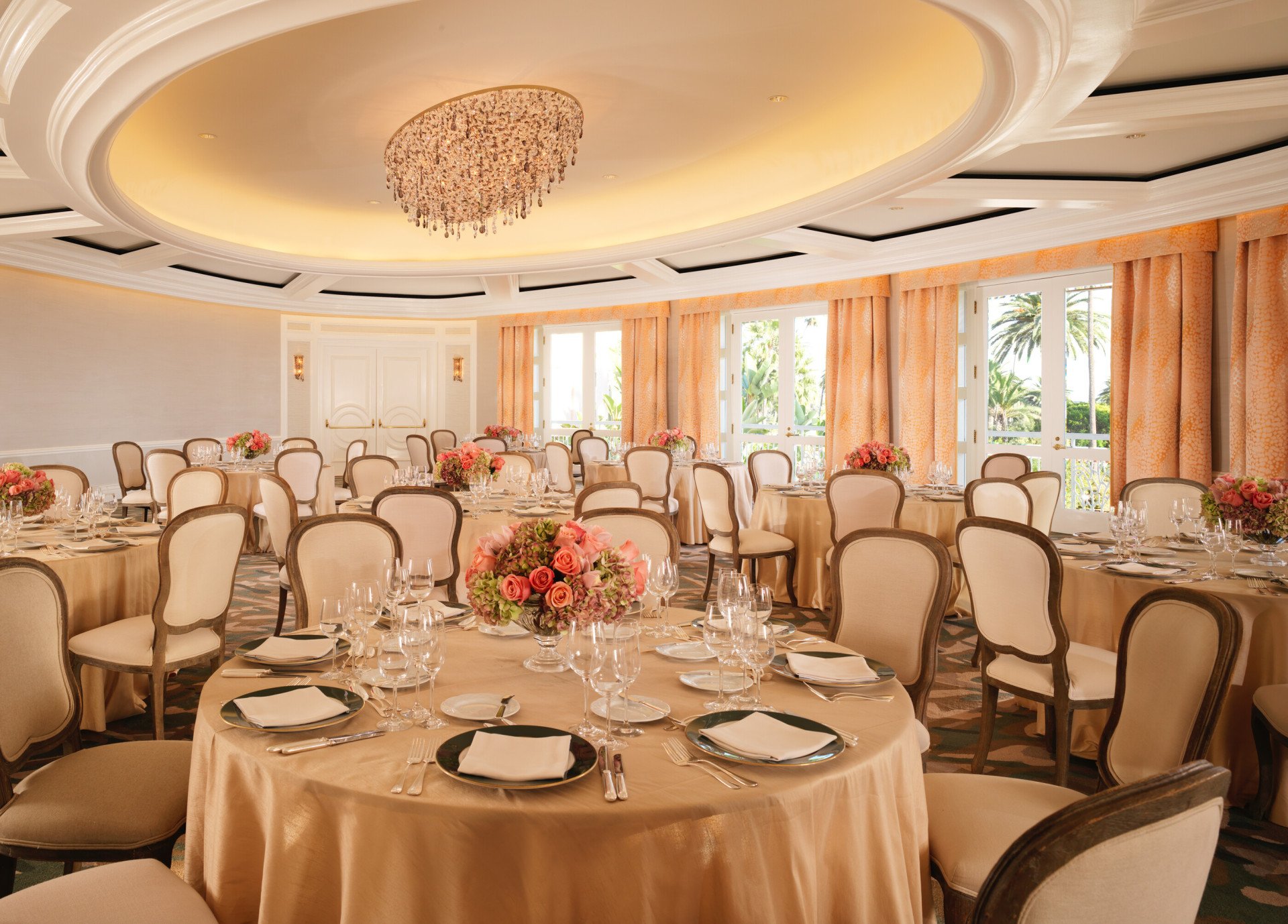 Social event set up in Sunset Ballroom at The Beverly Hills Hotel, Los Angeles 