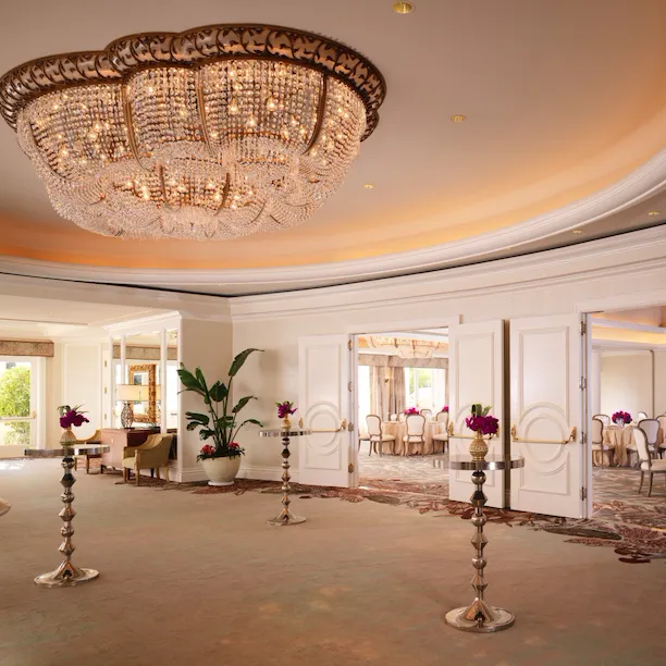 Social set up in foyer of Rodeo Ballroom at The Beverly Hills Hotel