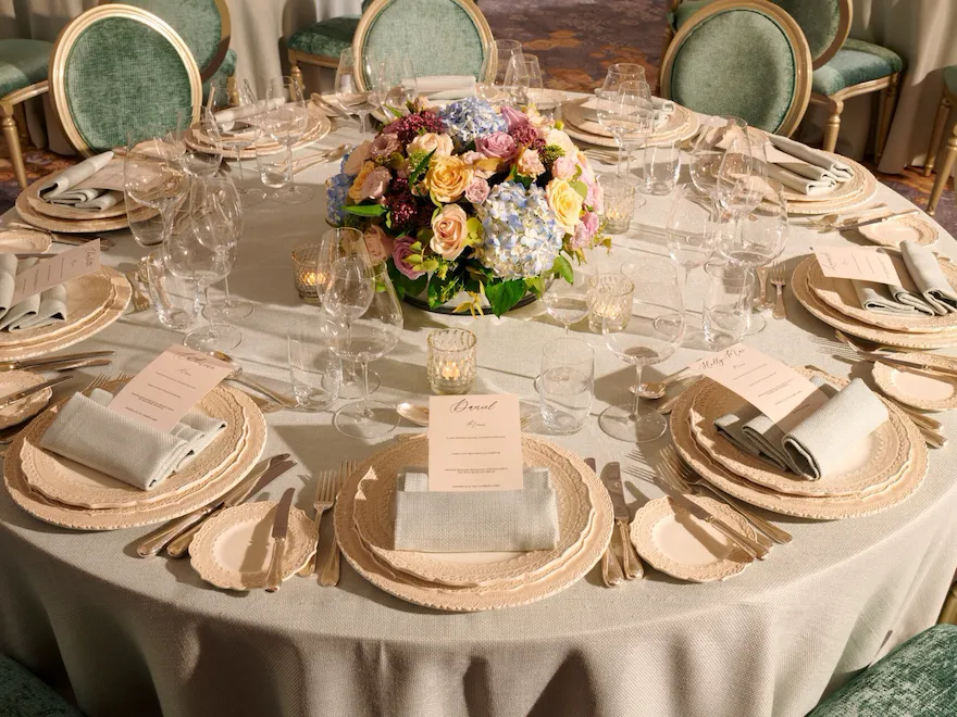 The Orchid set up for a stylish private dinner - event planned table setting