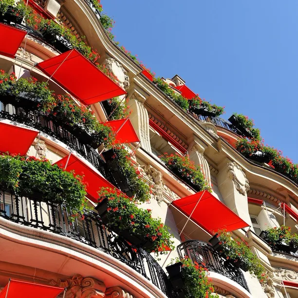 Hôtel Plaza Athénée building facade looking up from street at red awnings over windows, Paris