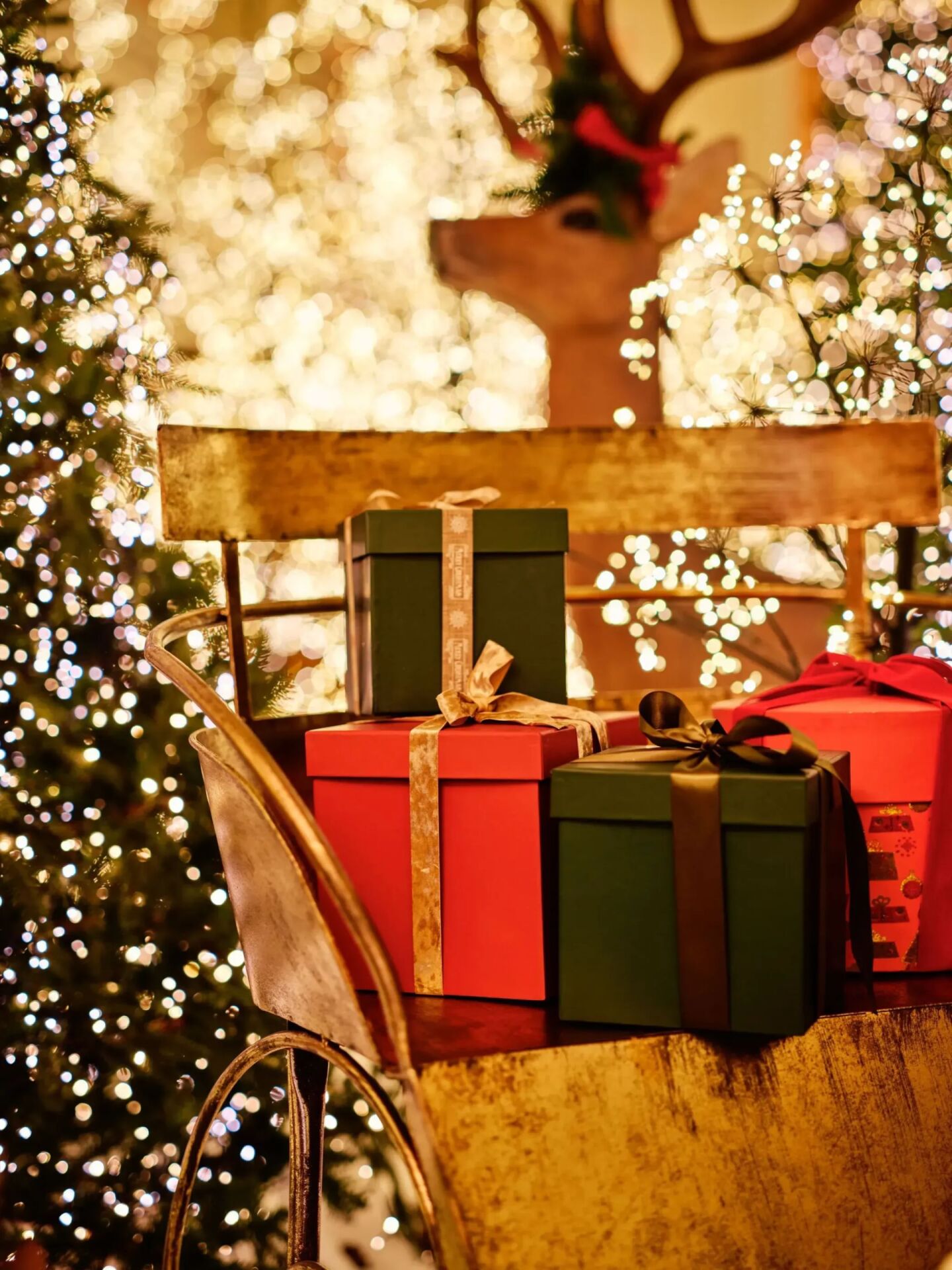 Our enchanted forest in front of the Rotal suite, with reindeers, a sleigh and christmas giftboxes.