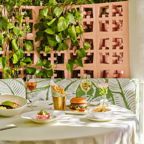 Outdoor table set with drinks, food, and leafy decor in bright, relaxed atmosphere