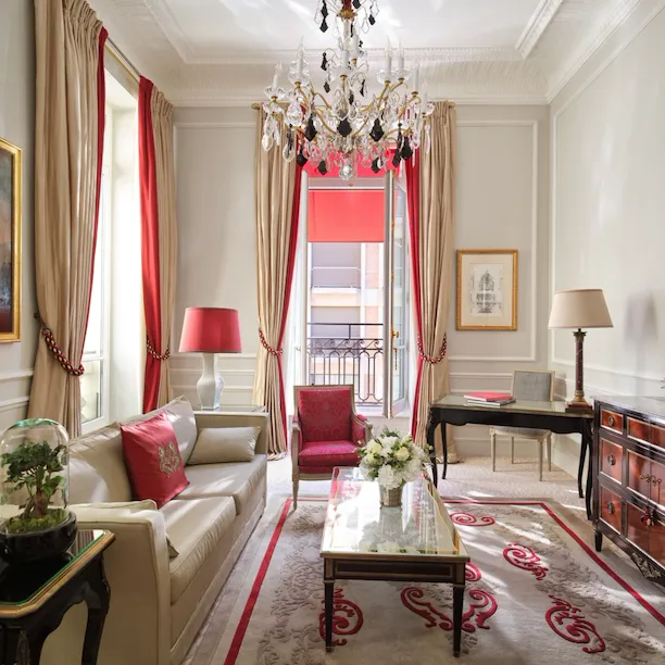 This is the couch of the lounge of the Superior Suite #218 at the Plaza Athénée.