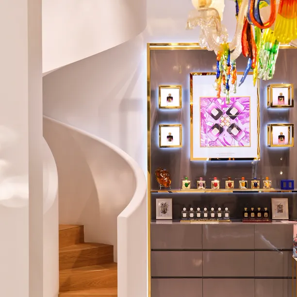 Large view of the perfumes collection at La Maison Valmont pour Le Meurice, Paris - Dorchester Collection