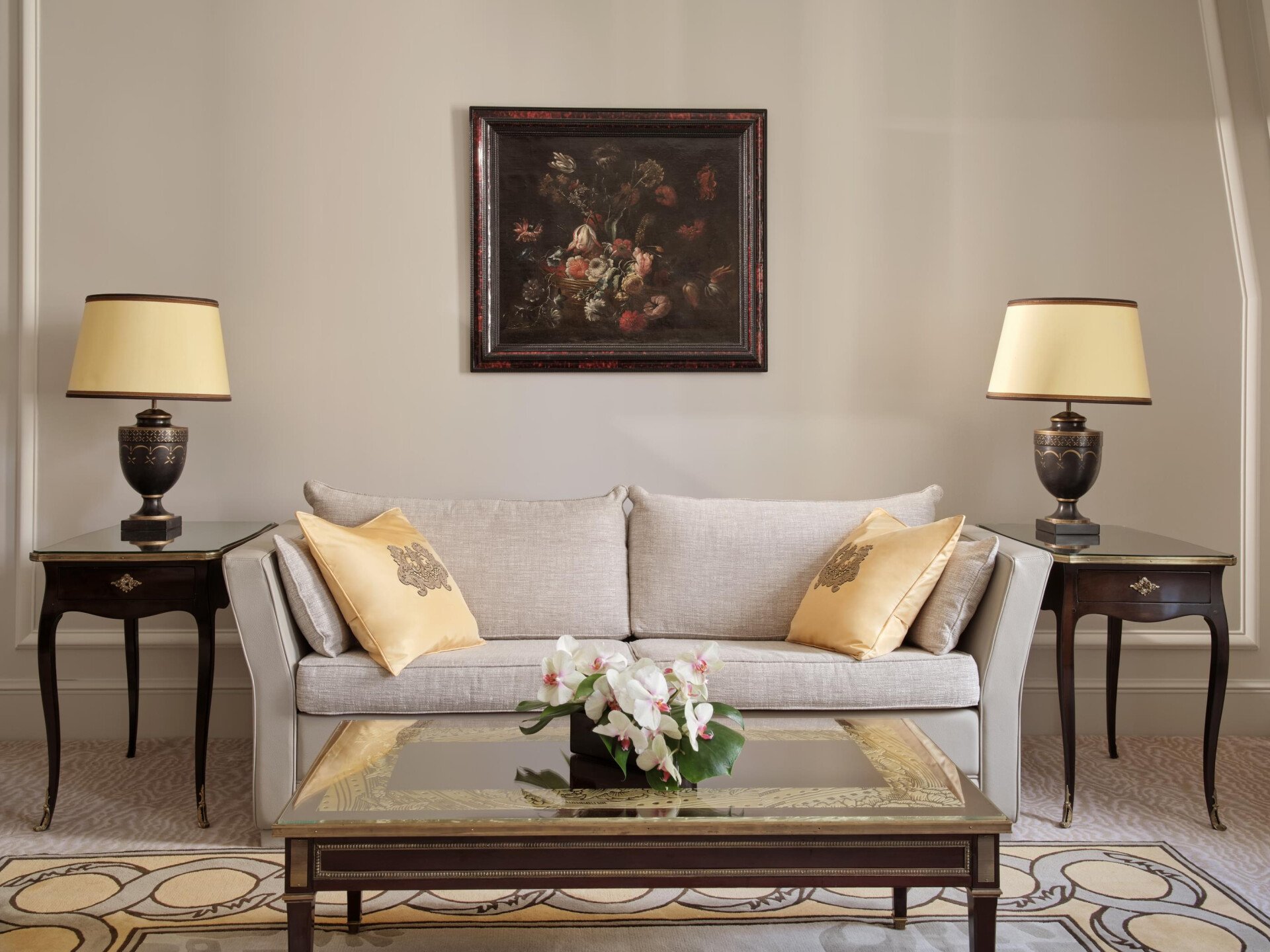 This is the couch of the Deluxe Suite #318 at the Plaza Athénée. 