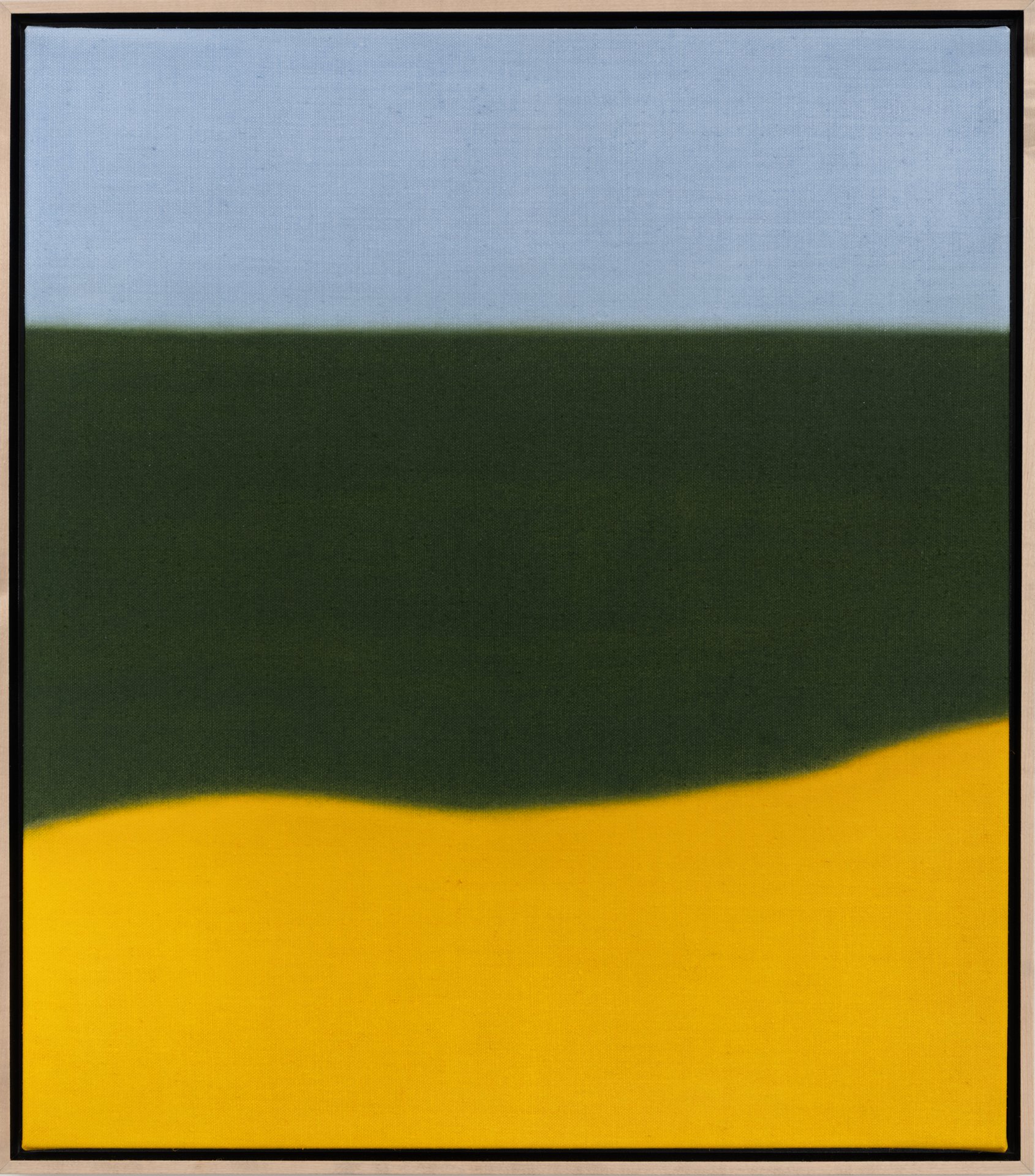 Abstract painting with broad green, blue, and yellow color blocks creating a calm scene